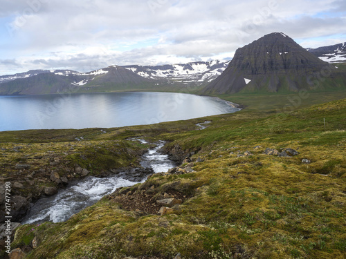 Northern summer landscape, beautiful snow covered cliffs and Alfsfell mountain, sea in Hloduvik cove with wild water stream, green meadow, clouds,  in Hornstrandir, west fjords, Iceland photo
