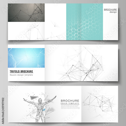 Minimal vector layout. Modern covers design templates for trifold square brochure or flyer. Technology, science, medical concept. Molecule structure, connecting lines and dots. Futuristic background
