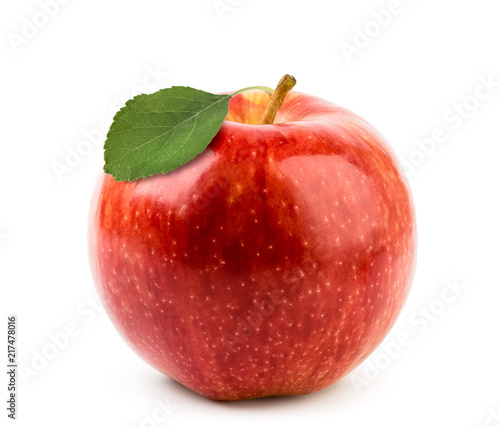 Red Apple with leaf close - up on a white. Isolated.