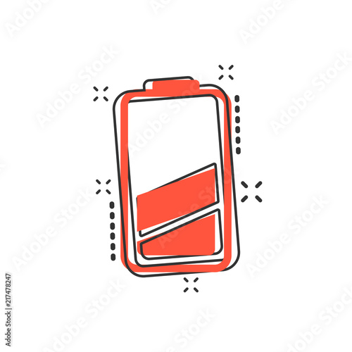 Vector cartoon battery icon in comic style. Battery charge level sign illustration pictogram. Accumulator business splash effect concept.