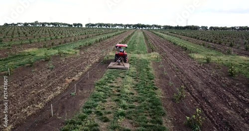 Aerial shot from drone. Tractor works on agricultural field with plants