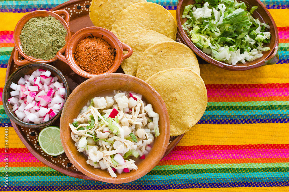 Pozole Mexican corn soup, Traditional food in Mexico made with corn grains Pozole Mexican corn soup, Traditional food in Mexico made with corn grains