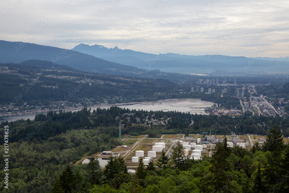 Aerial view of industrial sites in Port Moody. Taken from Burnaby Mountain, Vancouver, British Columbia, Canada.