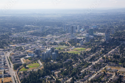 Aerial city view of Surrey Central during a sunny summer day. Taken in Greater Vancouver, British Columbia, Canada.
