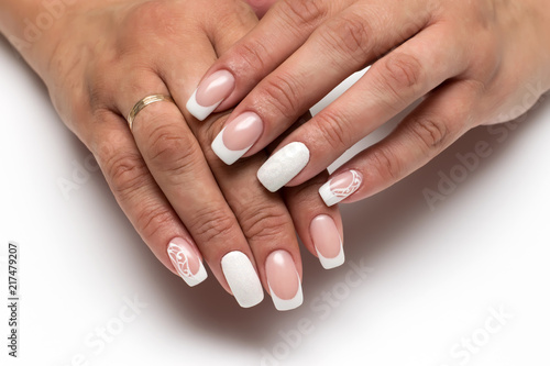 wedding classic French white manicure with sparkles and white drawings on long square nails  