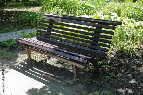 Old-fashioned wooden bench for rest in summer city park
