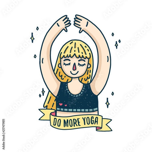 Design of a poster with a young blonde girl for a yoga studio. Plus size woman in tree pose sports. A motivating poster for yoga. Print with a cartoon character. Vector.