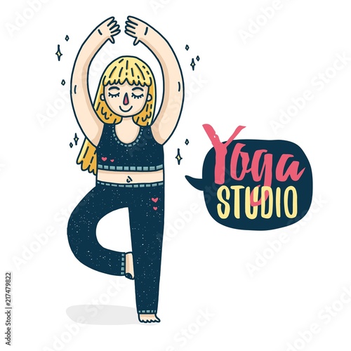 Design of a poster with a young blonde girl for a yoga studio. Plus size woman in tree pose sports. A motivating poster for yoga. Print with a cartoon character. Vector.
