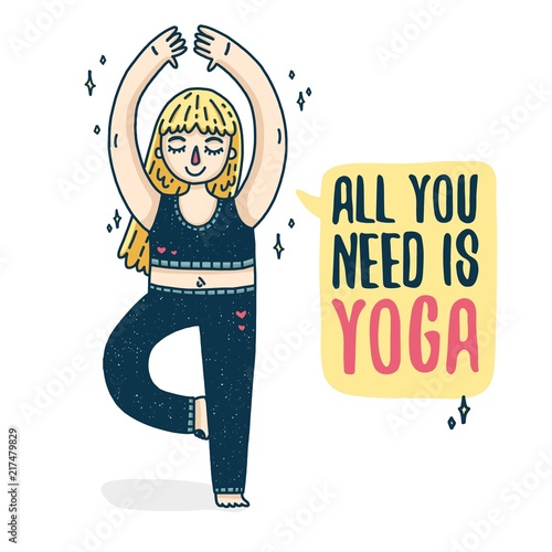 Design of a poster with a young blonde girl for a yoga studio. Plus size woman in tree pose sports. A motivating poster for yoga. Print with a cartoon character. Vector.