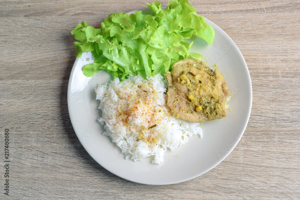 Steamed chicken with herbs, with lettuce, Traditional Thai food Steamed chicken with herbs, with lettuce, Traditional Thai food