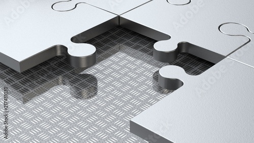 The background image of the silver pieces of the puzzle and the missing link, the part on a metal background. Abstraction, a symbol of mystery, question, problem. 3D rendering