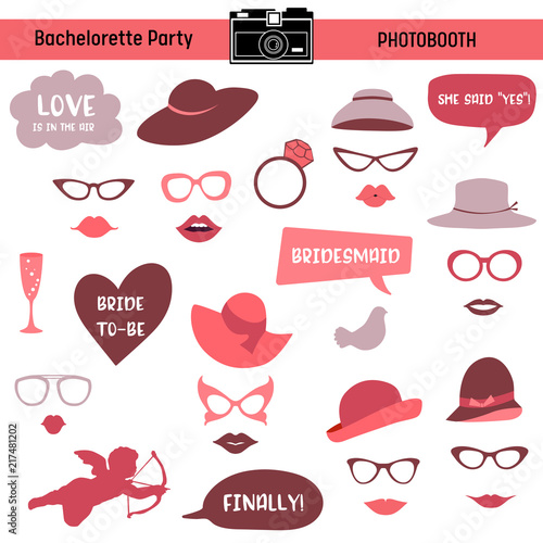Bachelorette event, hen party, bridal shower printable Glasses, Hats, Lips, Signs, Masks for  photo booth props in vector