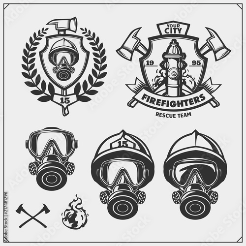 Set of firefighter emblems, labels and design elements. Vector monochrome illustration.