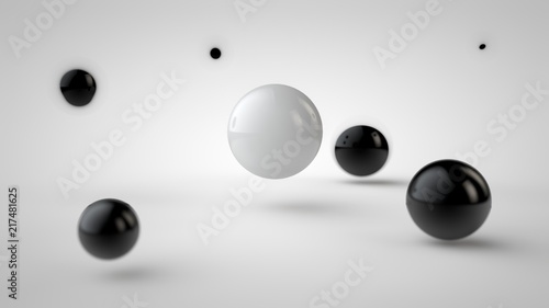the image of groups of balls with different depth of field, black drop-shadow, and randomly located in space, and one white ball in the center, on a white background. 3D rendering.