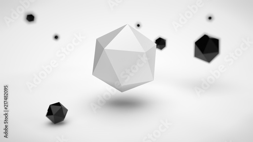 Obraz na plátně the image of the array of polyhedra in the space, with different depth of field, black, and one gray polyhedron in the center, on a white background