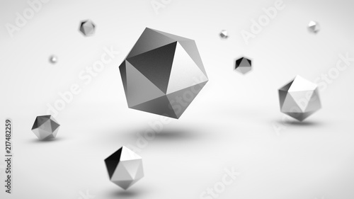 the image of the array of polyhedra in the space, with different depth of field, silver and platinum, and one of the polyhedron silver color in the center, on a white background. 3D rendering