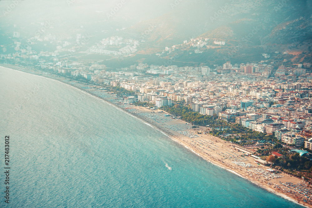 View of the beach Cleopatra. Alanya, Turkey.Wonderful country.At home from a height. Roofs of buildings.View of the city.Observation deck.Mountains of Alanya. Mediterranean sea.Trail in the mountains