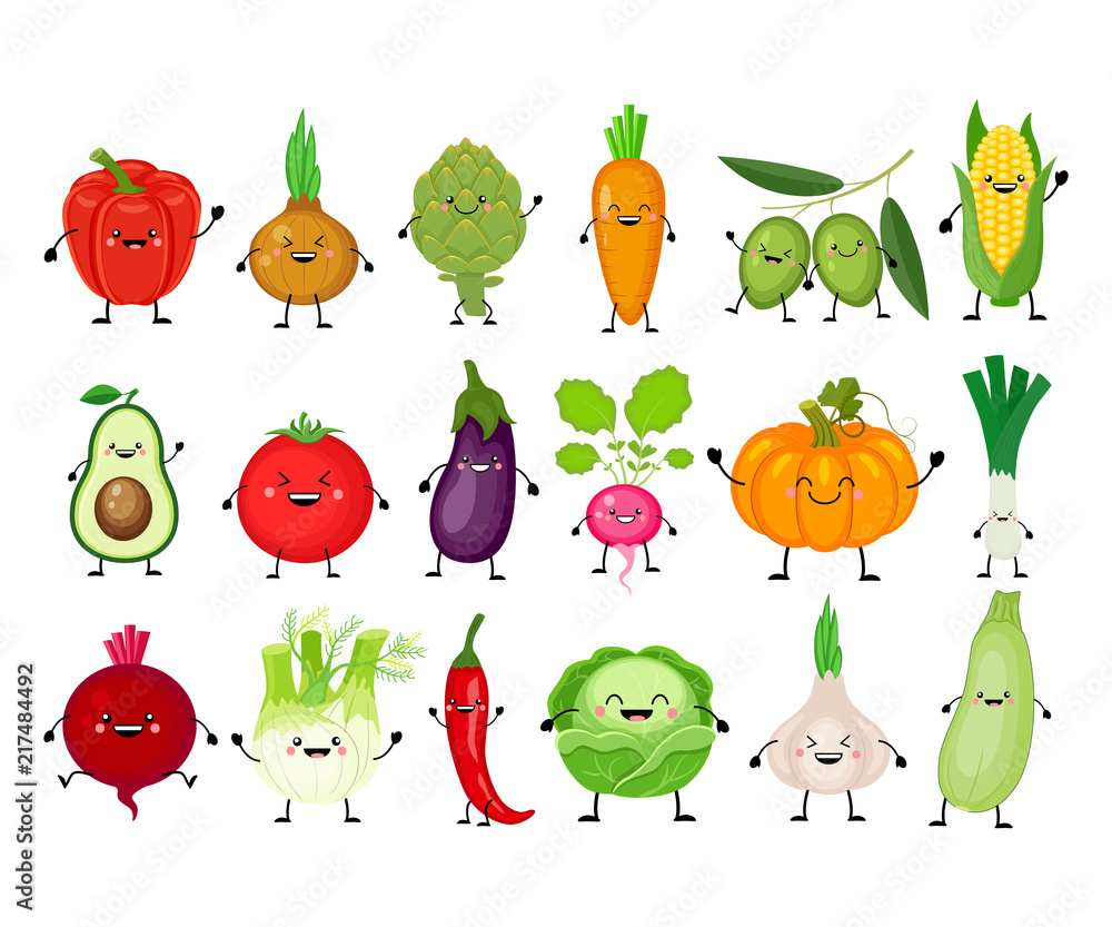 Funny cartoon set of different vegetables. Kawaii vegetables. S Stock  Vector | Adobe Stock