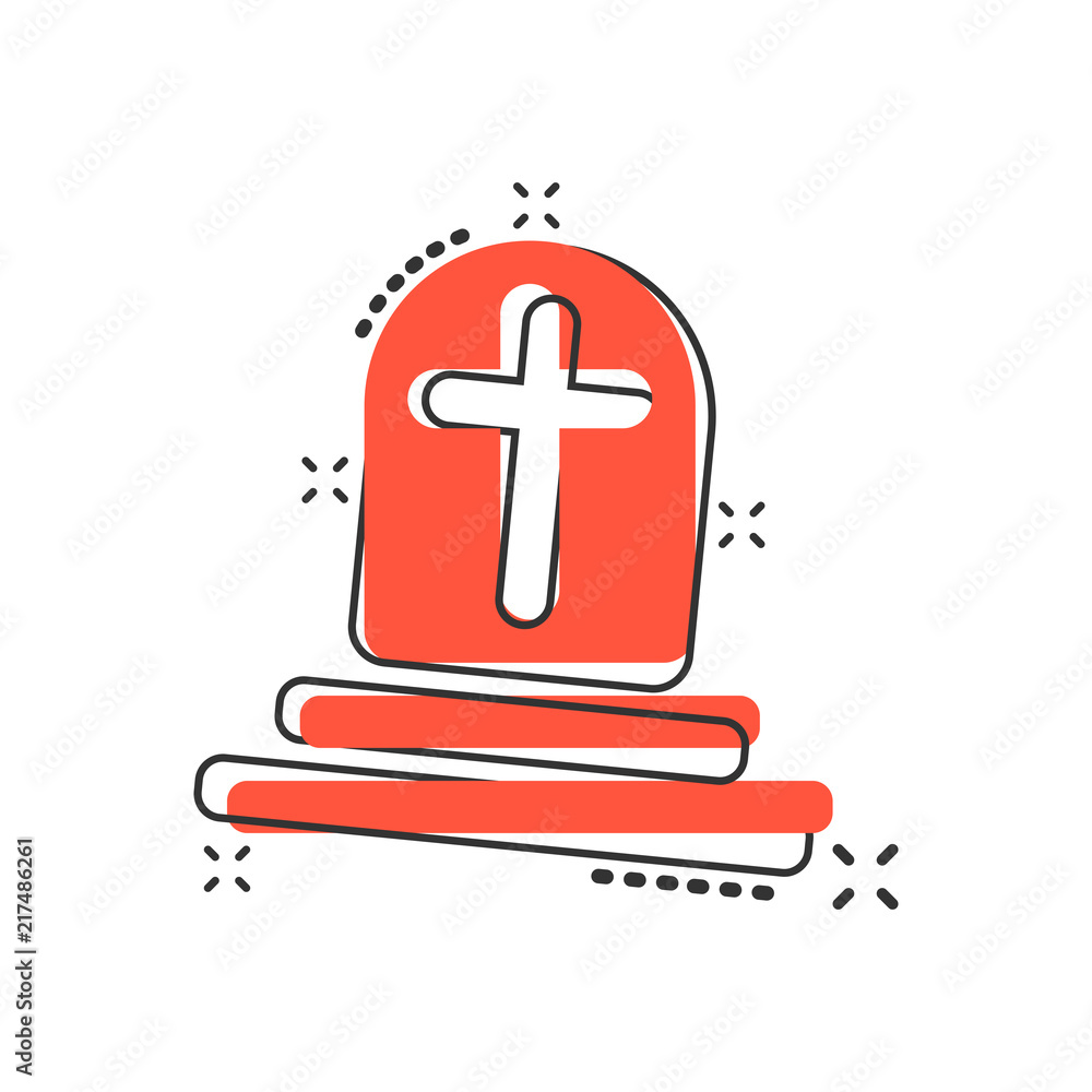 Obraz premium Vector cartoon halloween grave icon in comic style. Gravestone sign illustration pictogram. Rip business splash effect concept.
