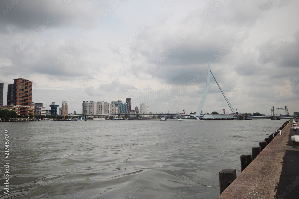 skyline of river Nieuwe maas in the middle of Rotterdam with the Erasmusbrug bridge with nickname the Swan. skyline of river Nieuwe maas in the middle of Rotterdam with the Erasmusbrug bridge with nickname the Swan.