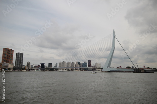 skyline of river Nieuwe maas in the middle of Rotterdam with the Erasmusbrug bridge with nickname the Swan. © André Muller