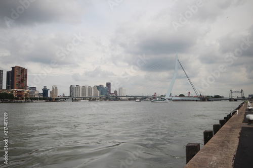 Bild auf Leinwand skyline of river Nieuwe maas in the middle of Rotterdam with the Erasmusbrug bridge with nickname the Swan