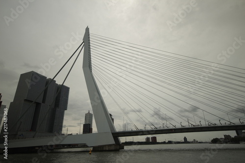 Fotografia skyline of river Nieuwe maas in the middle of Rotterdam with the Erasmusbrug bridge with nickname the Swan