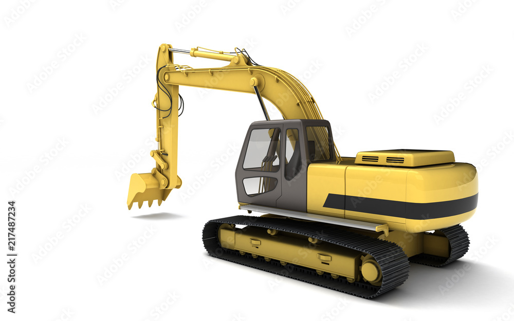 Massive powerful concept. Hydraulic Excavator with bucket. 3d illustration. Perspective. Rear side view. Wide angle. Isolated on white background Massive powerful concept. Hydraulic Excavator with bucket. 3d illustration. Perspective. Rear side view. Wide angle. Isolated on white background