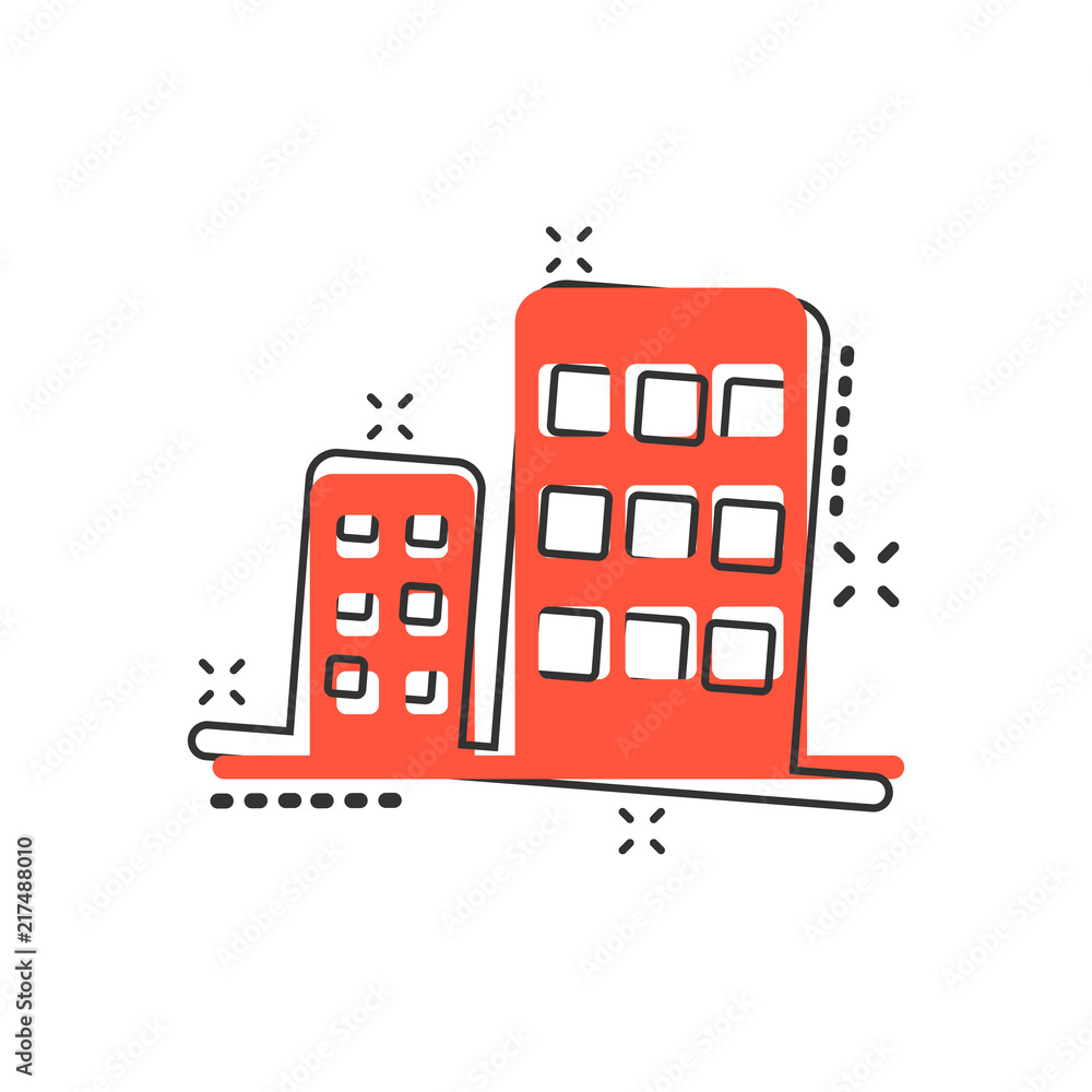 Vector cartoon building in comic style. House sign illustration pictogram. Building business splash effect concept. Vector cartoon building in comic style. House sign illustration pictogram. Building business splash effect concept.