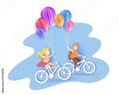 Back to school 1 september card. Children bicycling with air balloons. Paper cut style. Vector illustration