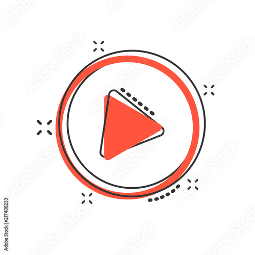 Vector cartoon play button icon in comic style. Play video sign illustration pictogram. Media panel business splash effect concept.