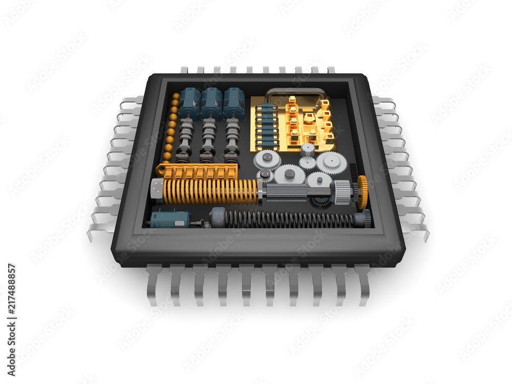 the internal structure of the CPU, the reducer mechanism of gears, springs and motors, the idea of strength and reliability. The image on a white background. 3D rendering the internal structure of the CPU, the reducer mechanism of gears, springs and motors, the idea of strength and reliability. The image on a white background. 3D rendering