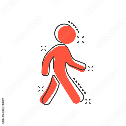 Vector cartoon walking man icon in comic style. People walk sign illustration pictogram. Pedestrian business splash effect concept.