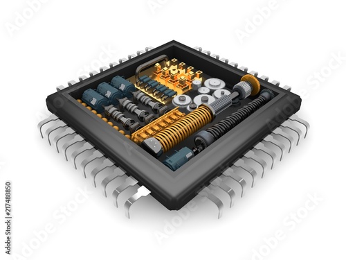 the internal structure of the CPU, the reducer mechanism of gears, springs and motors, the idea of strength and reliability. The image on a white background. 3D rendering