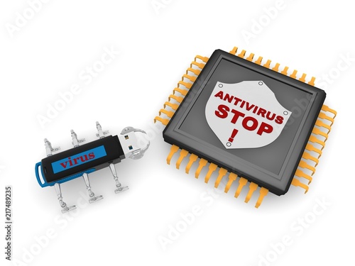 black CPU with a metal shield and red text, stop the antivirus and the virus from the usb stick, the symbol of the anti-virus and security, on a white background. 3D rendering