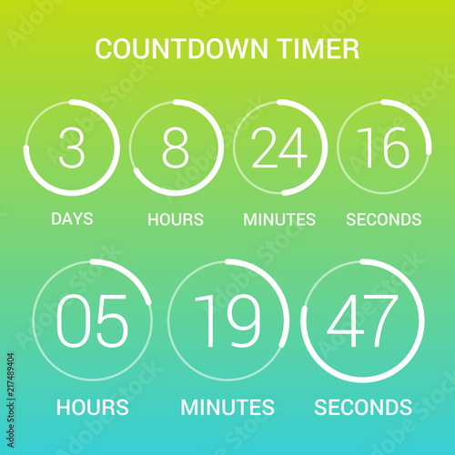 Circle countdown clock counter timer on gradient. Vector time remaining count down round indicator scoreboard of day, hour, minutes and seconds. Can be used for web page upcoming event template design