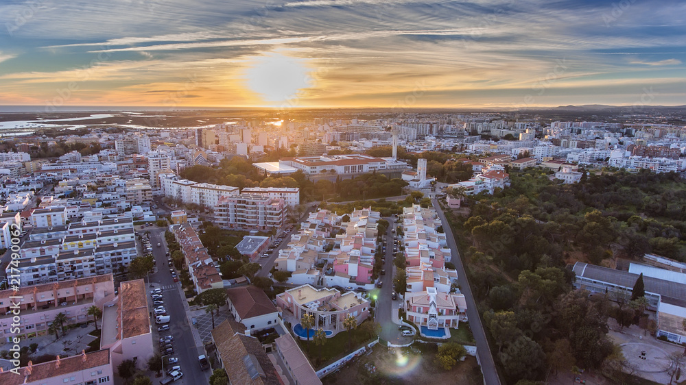 Aerial. View from the sky, the streets Alto Santo Antonio, of the city of Faro.