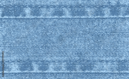 Vector background of denim fabric with seams. Blue jeans cloth. Old vintage backdrop with place for your text. Grunge texture in retro style. Horizontal orientation.