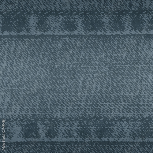 Vector background of denim fabric with seams. Blue dark jeans cloth. Old vintage backdrop with place for your text. Grunge texture in retro style. Square orientation.