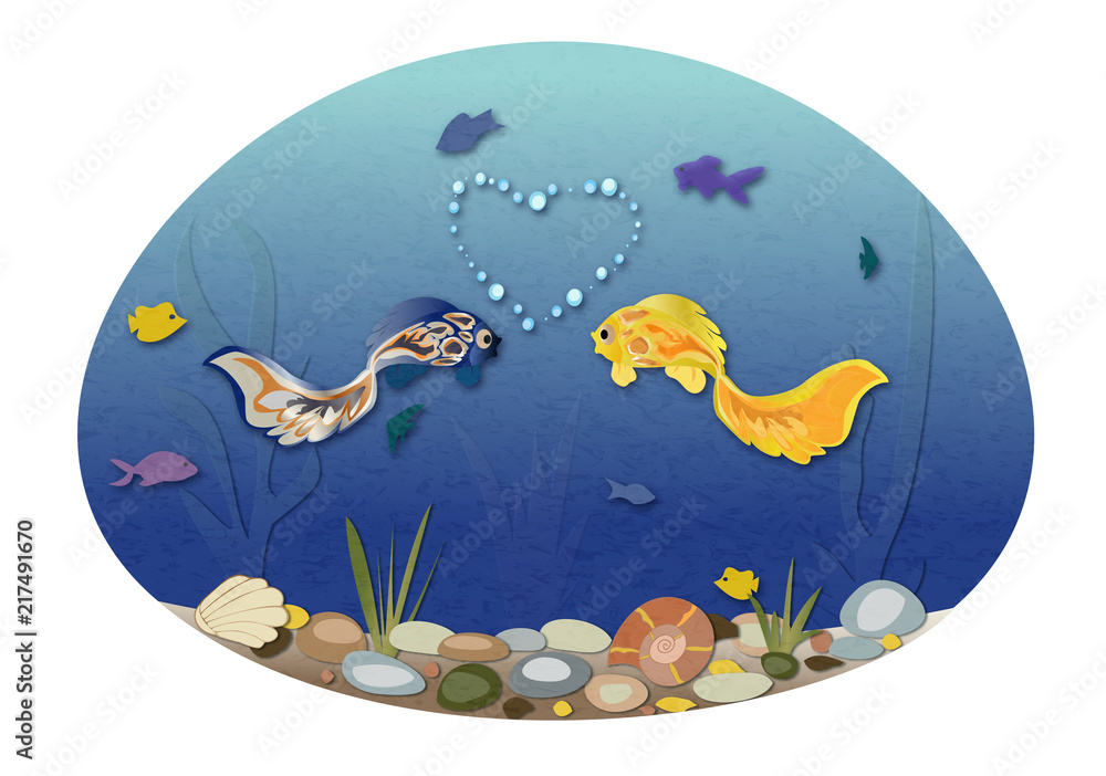 Sea landscape with two cute fish in love. Romantic feeling concept. Greeting card with Valentine's day, suitable for recognition in infatuation, love. Grunge background with marble effect, shading. Sea landscape with two cute fish in love. Romantic feeling concept. Greeting card with Valentine's day, suitable for recognition in infatuation, love. Grunge background with marble effect, shading.