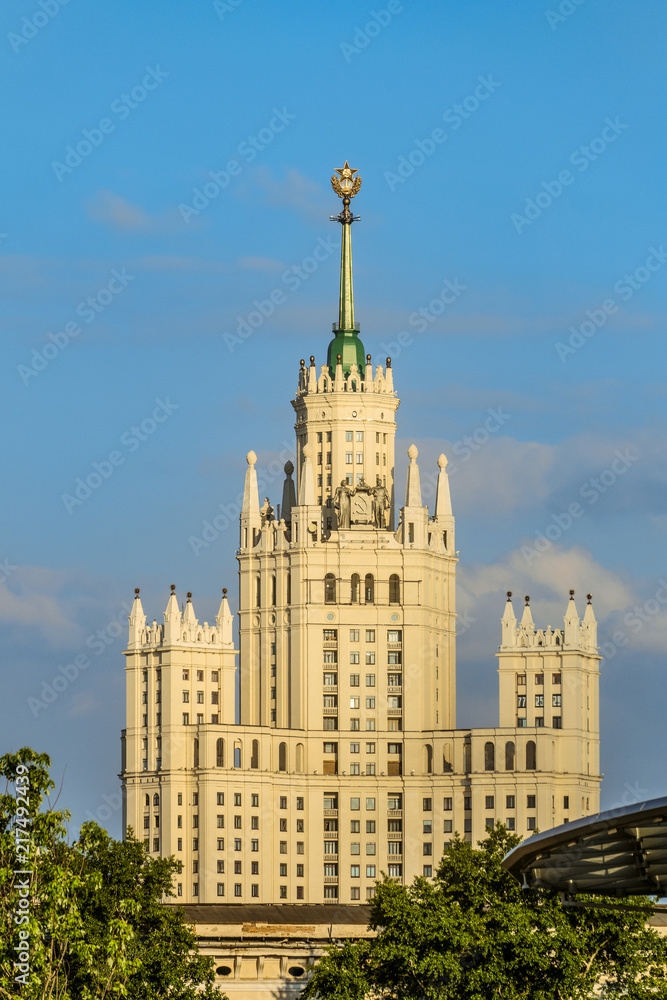 Stalinist skyscraper on the Kotelnicheskaya embankment in center Moscow city. 1938-1952 years of construction. Residential Soviet high-rise building. Stalinist skyscraper on the Kotelnicheskaya embankment in center Moscow city. 1938-1952 years of construction. Residential Soviet high-rise building.