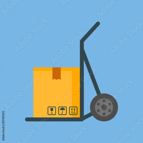 Concept of delivery service. The icon for the package. Shipping on a trolley for cargo. Vector image.