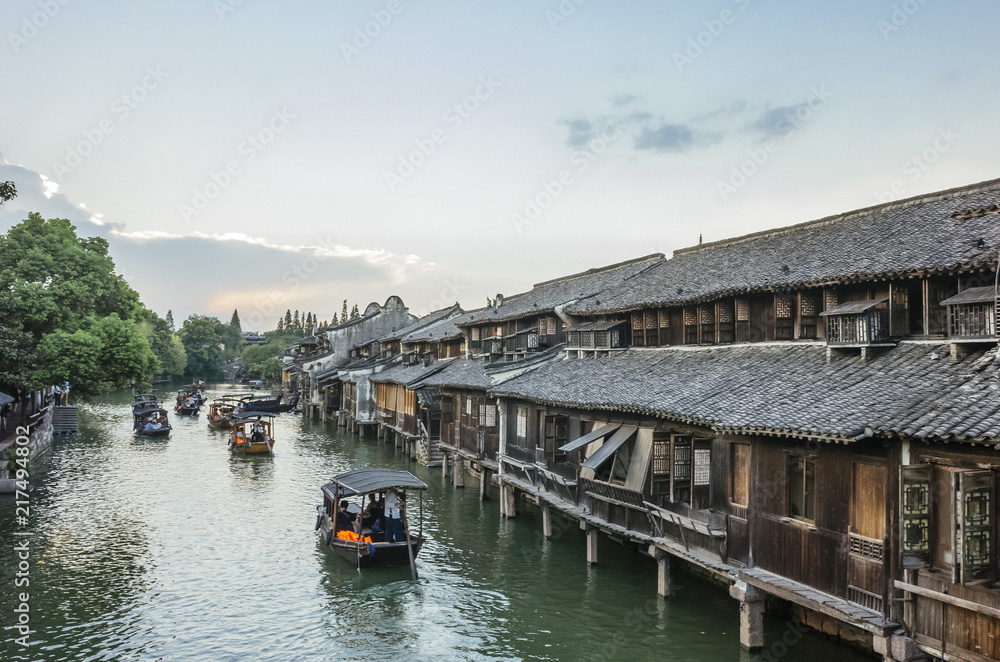 Houses and Boats on River at Dusk in Wuzhen, China