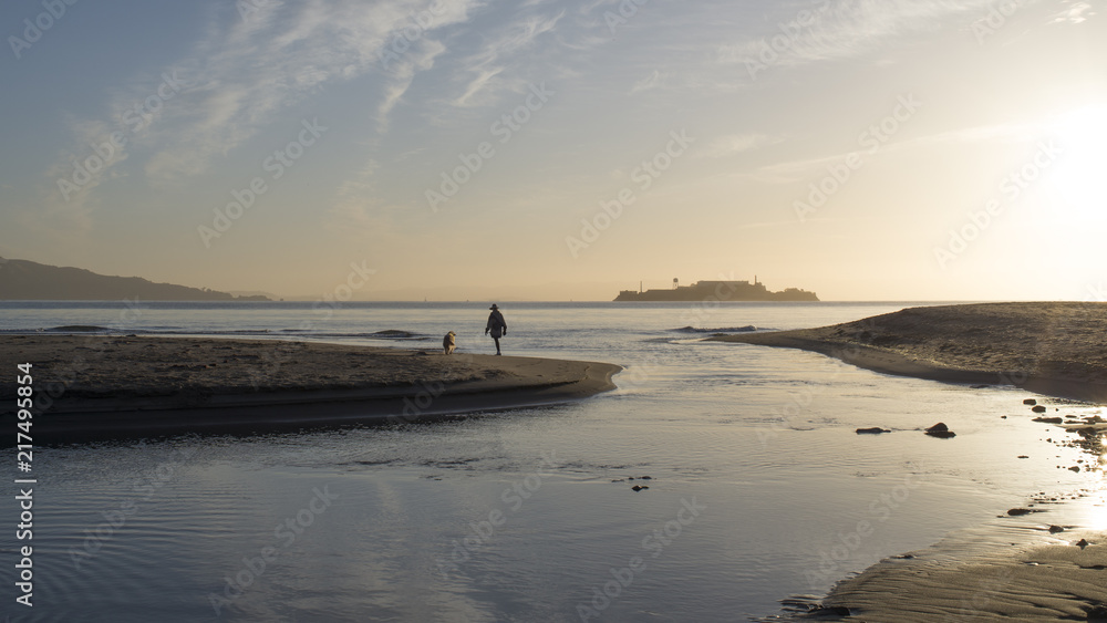 A person walking a dog on the beach in San Francisco, silhouetted against morning sky to the east.  Alcatraz in the distance. 