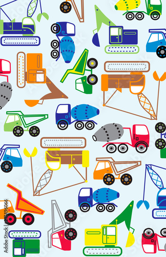 Construction vehicles illustration for backgrounds, kids apparel or placement print, nursery wall art or kids room decor. Dump truck, excavator, cement mixer, crane.