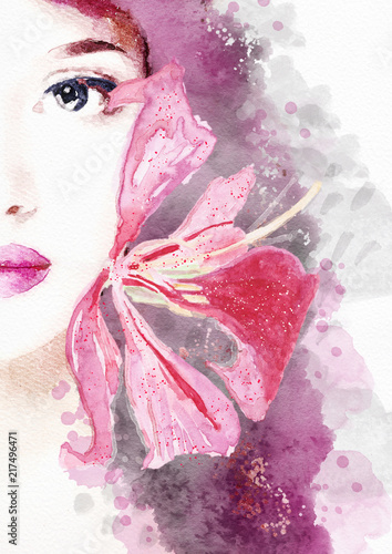 Watercolor abstract portrait of woman. Fashion background