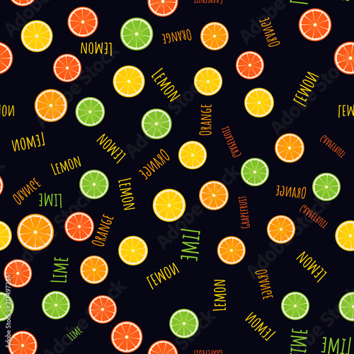 Colorful citrus seamless pattern. Slices of orange, lime, lemon, grapefruit on black background. Fresh juicy fruits vector illustration in flat style.