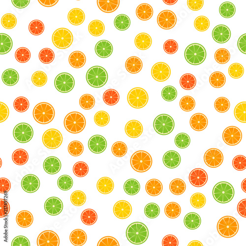 Colorful citrus seamless pattern. Slices of orange, lime, lemon, grapefruit isolated on white. Fresh juicy fruits vector illustration in flat style.
