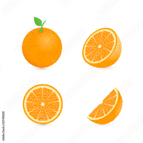Set of four fresh oranges different views (whole, half, slice, cone) with green leaf.  Natural organic fruits isolated on white. 3d realistic orange vector illustration.