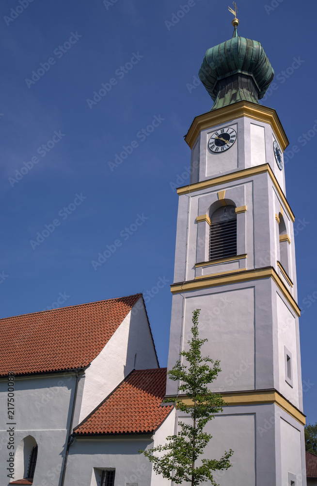 Fototapeta premium Catholic church clock tower. White cathedral in german city.